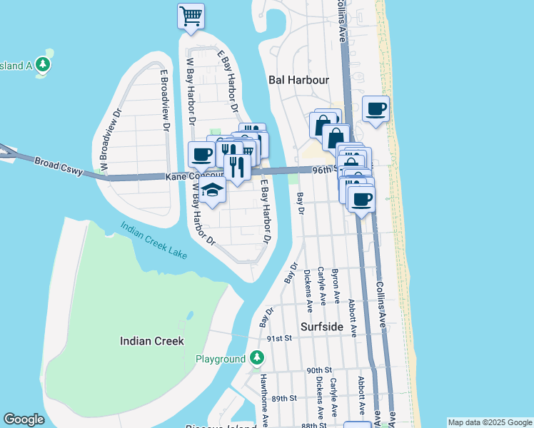 map of restaurants, bars, coffee shops, grocery stores, and more near 9301 East Bay Harbor Drive in Bay Harbor Islands