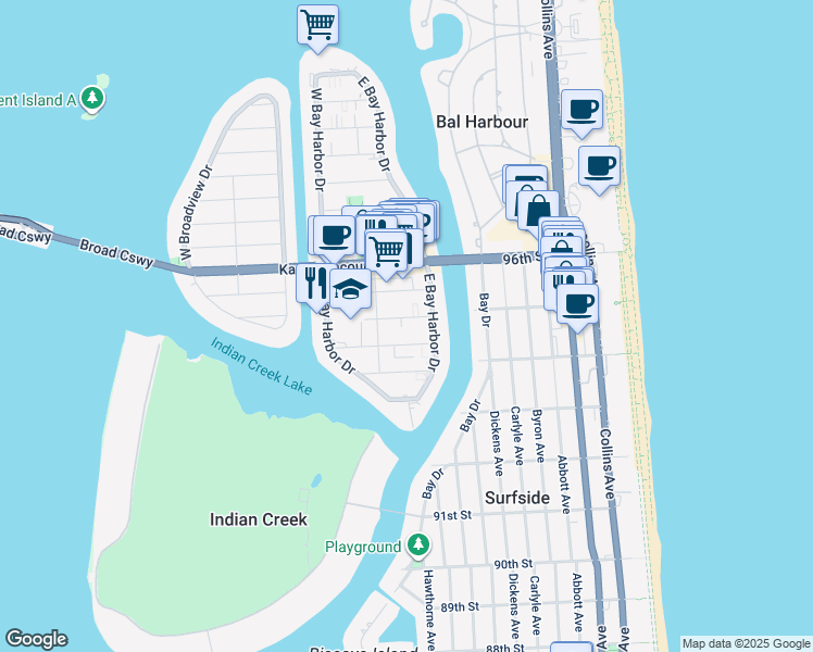 map of restaurants, bars, coffee shops, grocery stores, and more near 1045 93rd Street in Bay Harbor Islands