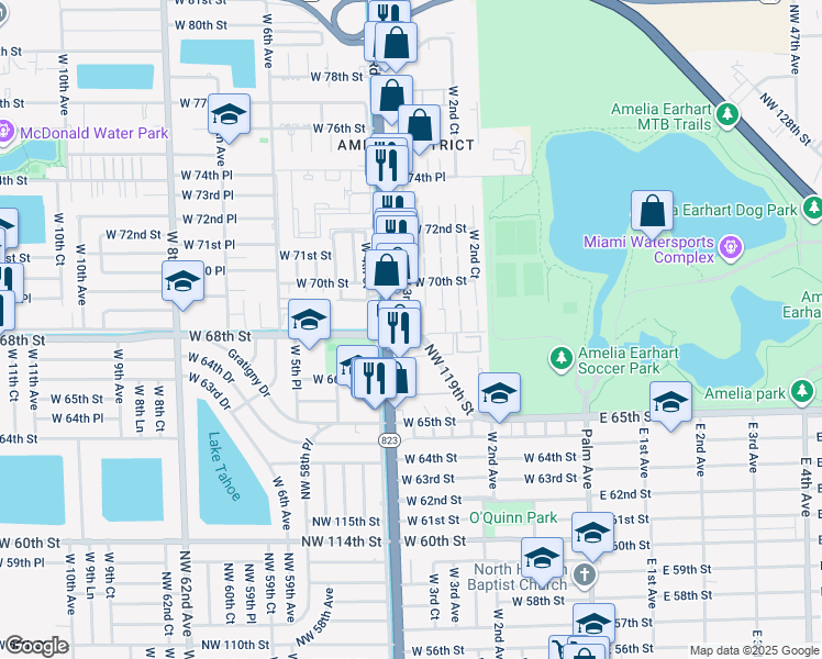 map of restaurants, bars, coffee shops, grocery stores, and more near 6780 West 68th Street in Hialeah