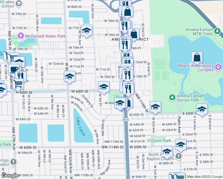 map of restaurants, bars, coffee shops, grocery stores, and more near 455 West 66th Street in Hialeah