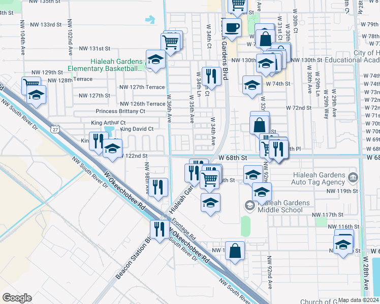 map of restaurants, bars, coffee shops, grocery stores, and more near 101 West 68th Place in Hialeah