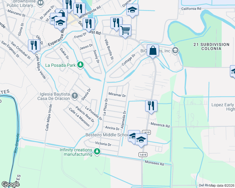 map of restaurants, bars, coffee shops, grocery stores, and more near 1939 Rosedal Dr in Brownsville
