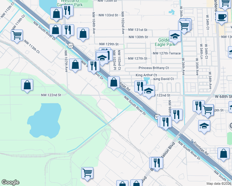 map of restaurants, bars, coffee shops, grocery stores, and more near 12200 Northwest South River Drive in Medley