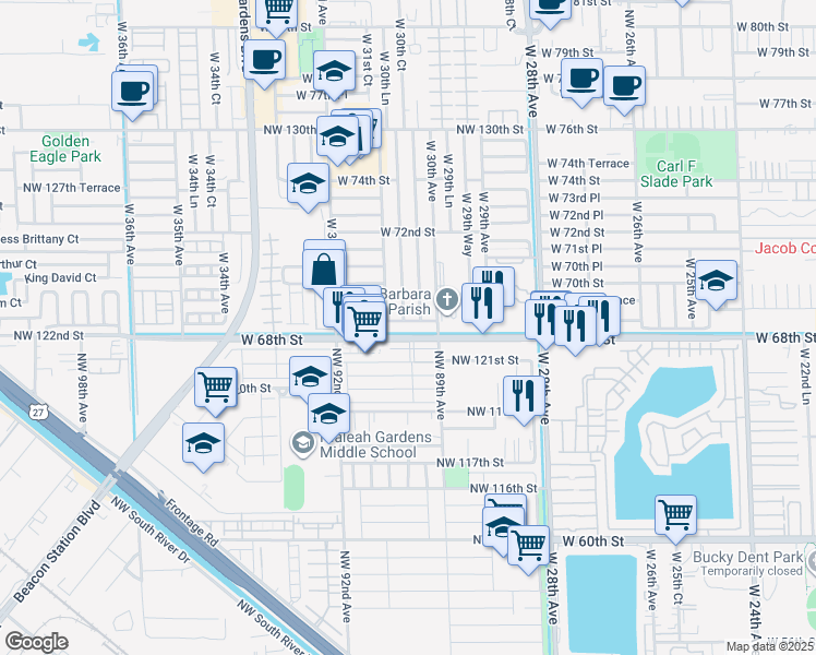 map of restaurants, bars, coffee shops, grocery stores, and more near 8921 Northwest 121st Terrace in Hialeah Gardens
