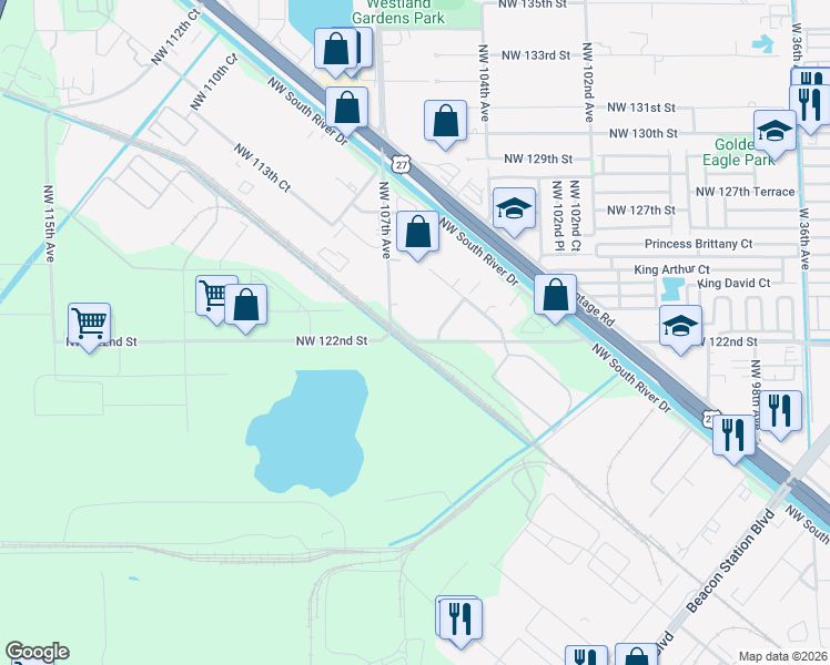 map of restaurants, bars, coffee shops, grocery stores, and more near 10615 Northwest 122nd Street in Medley