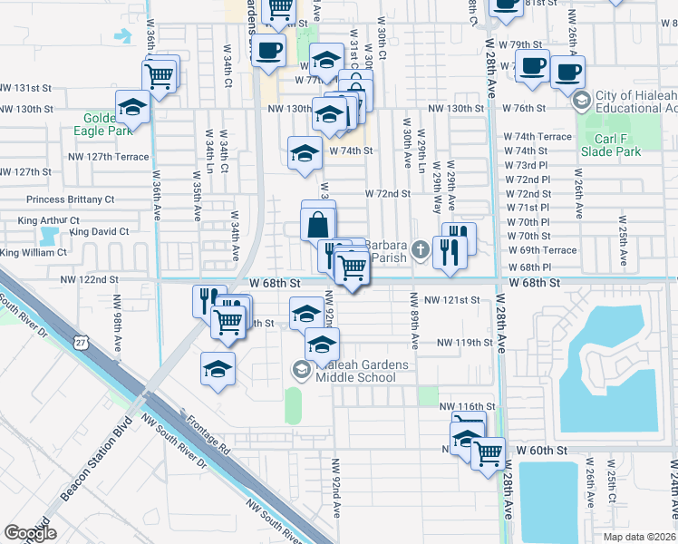 map of restaurants, bars, coffee shops, grocery stores, and more near 9190 Northwest 122nd Street in Hialeah Gardens