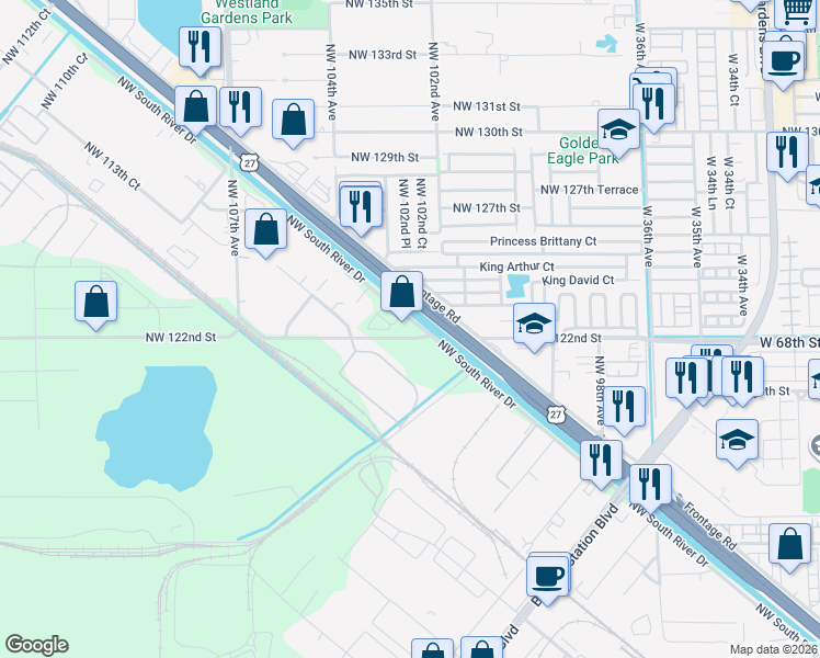 map of restaurants, bars, coffee shops, grocery stores, and more near 12200 Northwest South River Drive in Medley