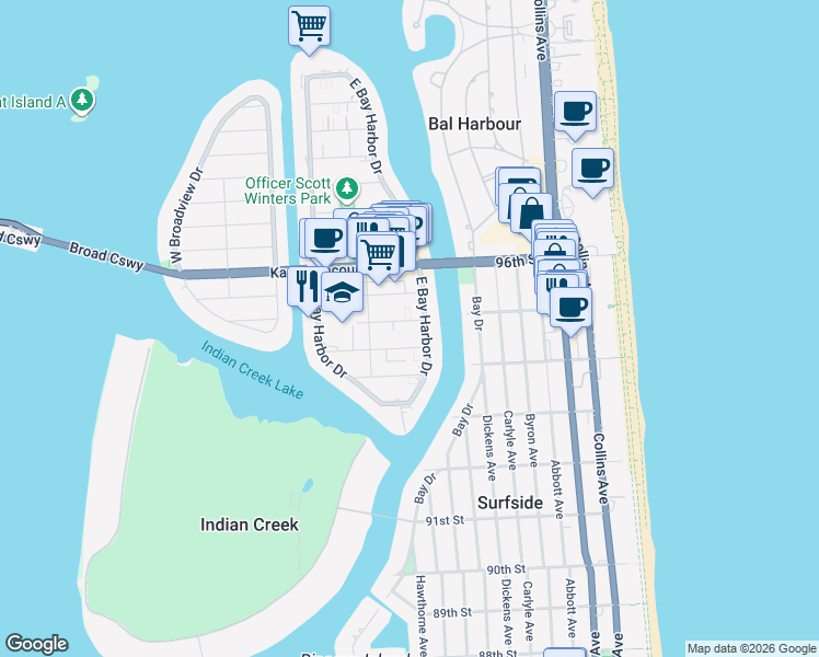 map of restaurants, bars, coffee shops, grocery stores, and more near 1045 93rd Street in Bay Harbor Islands
