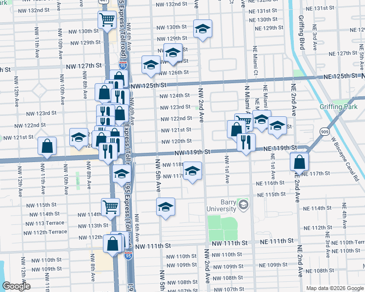 map of restaurants, bars, coffee shops, grocery stores, and more near 319 Northwest 119th Street in Miami