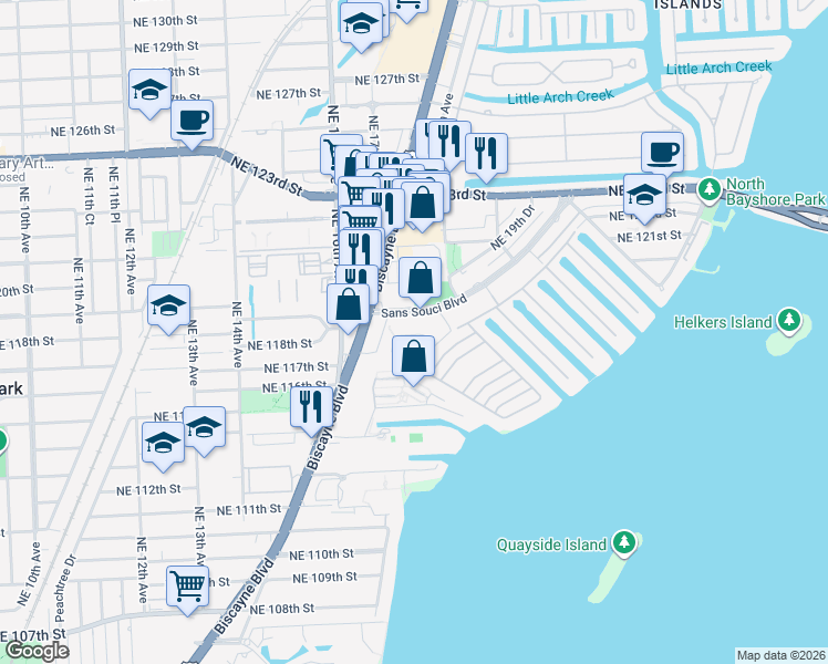 map of restaurants, bars, coffee shops, grocery stores, and more near 11625 Canal Drive in Miami