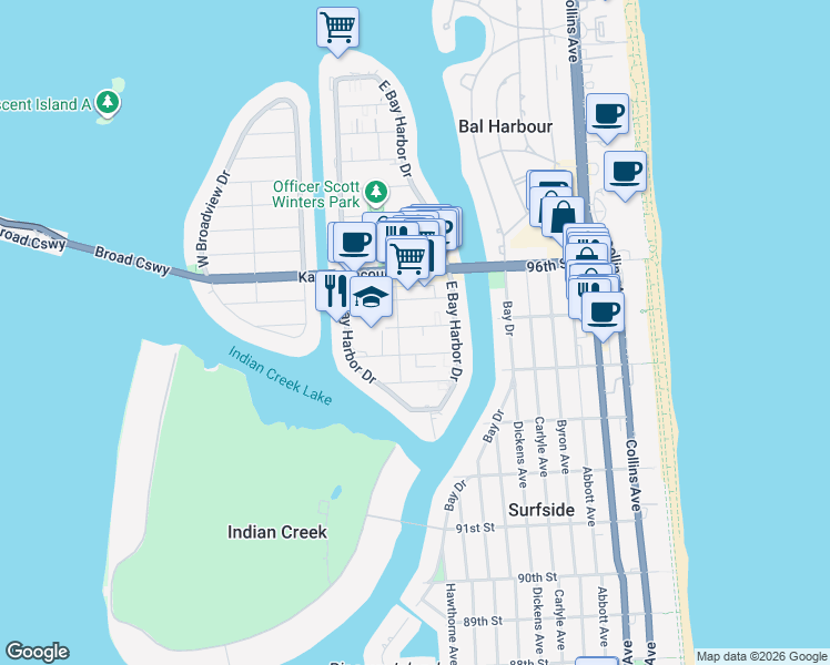 map of restaurants, bars, coffee shops, grocery stores, and more near 1080 94th Street in Bay Harbor Islands