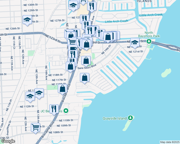 map of restaurants, bars, coffee shops, grocery stores, and more near 11625 Canal Drive in Miami