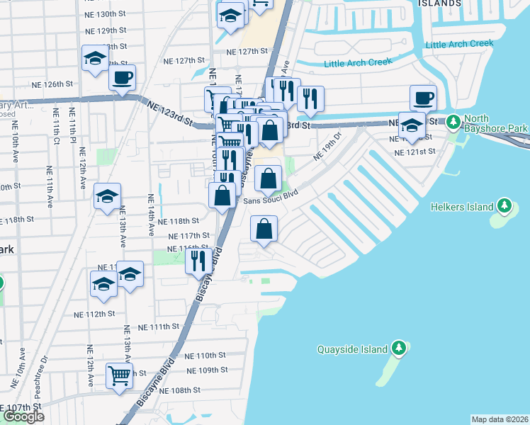 map of restaurants, bars, coffee shops, grocery stores, and more near 11625 Canal Drive in Miami