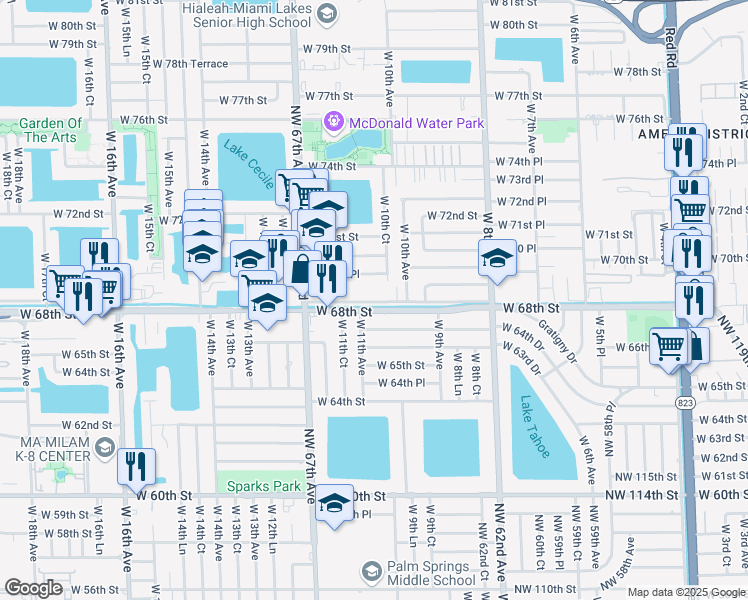map of restaurants, bars, coffee shops, grocery stores, and more near 1042 West 68th Street in Hialeah