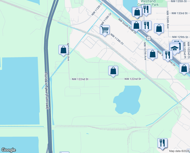 map of restaurants, bars, coffee shops, grocery stores, and more near 11345 Northwest 122nd Street in Miami