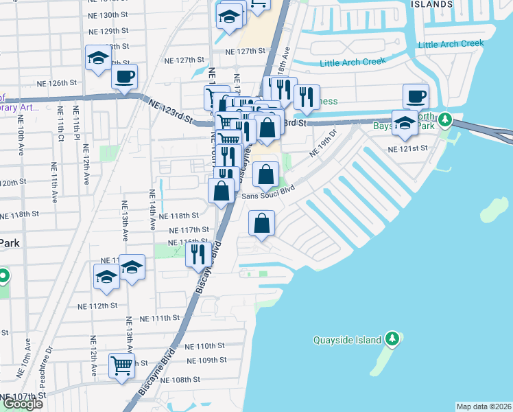map of restaurants, bars, coffee shops, grocery stores, and more near 11625 Canal Drive in Miami