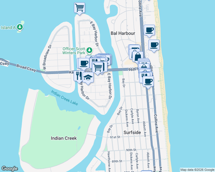 map of restaurants, bars, coffee shops, grocery stores, and more near 1045 93rd Street in Bay Harbor Islands