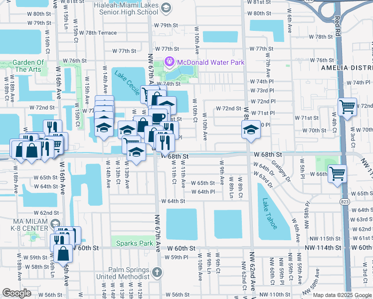 map of restaurants, bars, coffee shops, grocery stores, and more near 6780 West 11th Avenue in Hialeah