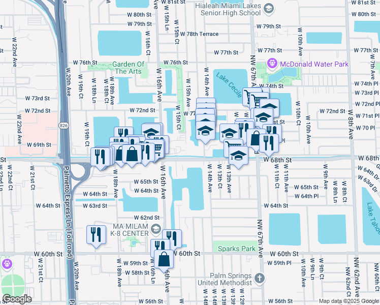 map of restaurants, bars, coffee shops, grocery stores, and more near 6850 West 14th Court in Hialeah