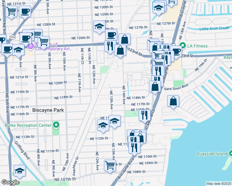 map of restaurants, bars, coffee shops, grocery stores, and more near 1347 Northeast 117th Terrace in Miami