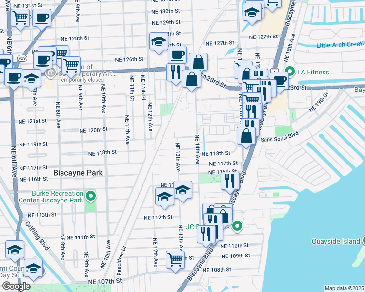 map of restaurants, bars, coffee shops, grocery stores, and more near 1288 Northeast 117th Terrace in Miami