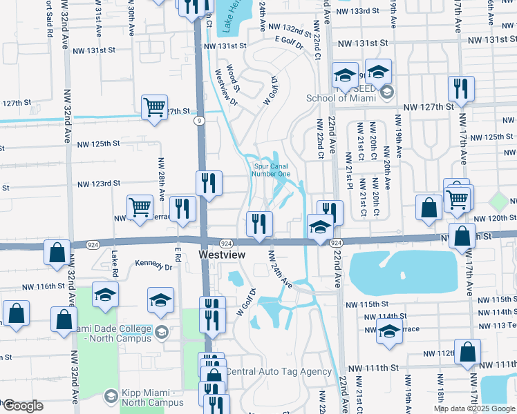 map of restaurants, bars, coffee shops, grocery stores, and more near 12198 East Golf Drive in Miami