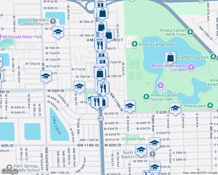 map of restaurants, bars, coffee shops, grocery stores, and more near 6780 West 68th Street in Hialeah