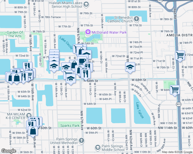 map of restaurants, bars, coffee shops, grocery stores, and more near 6780 West 11th Avenue in Hialeah