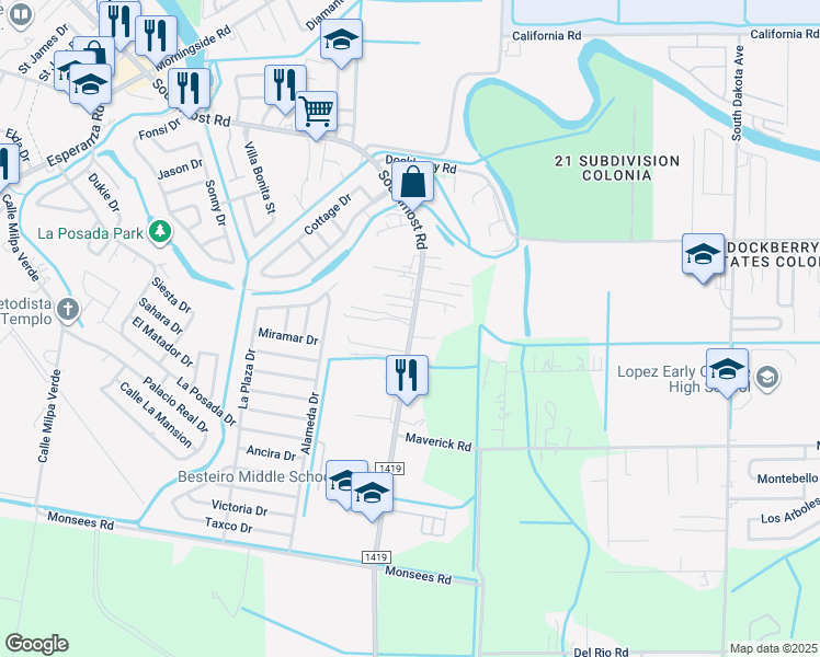 map of restaurants, bars, coffee shops, grocery stores, and more near 5832 Southmost Road in Brownsville