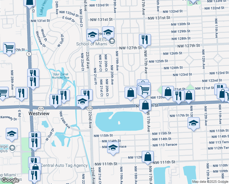 map of restaurants, bars, coffee shops, grocery stores, and more near 12035 Northwest 20th Avenue in Miami