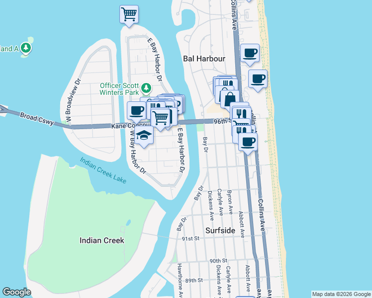 map of restaurants, bars, coffee shops, grocery stores, and more near 9481 East Bay Harbor Drive in Bay Harbor Islands