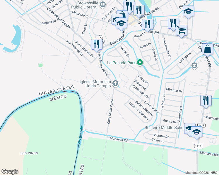 map of restaurants, bars, coffee shops, grocery stores, and more near 1330 Calle Milpa Verde in Brownsville