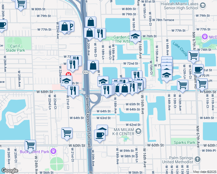 map of restaurants, bars, coffee shops, grocery stores, and more near 1869 West 68th Street in Hialeah