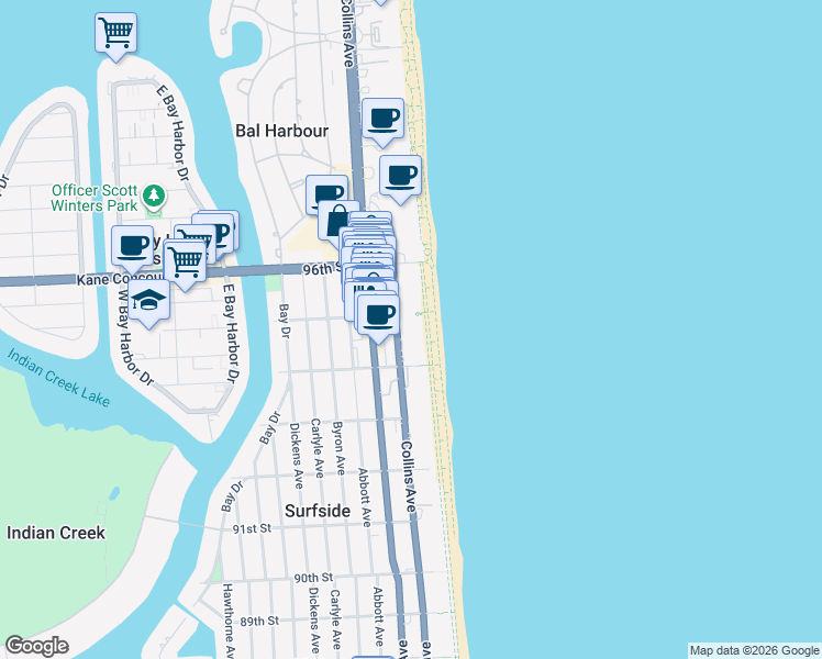 map of restaurants, bars, coffee shops, grocery stores, and more near 203 95th Street in Surfside