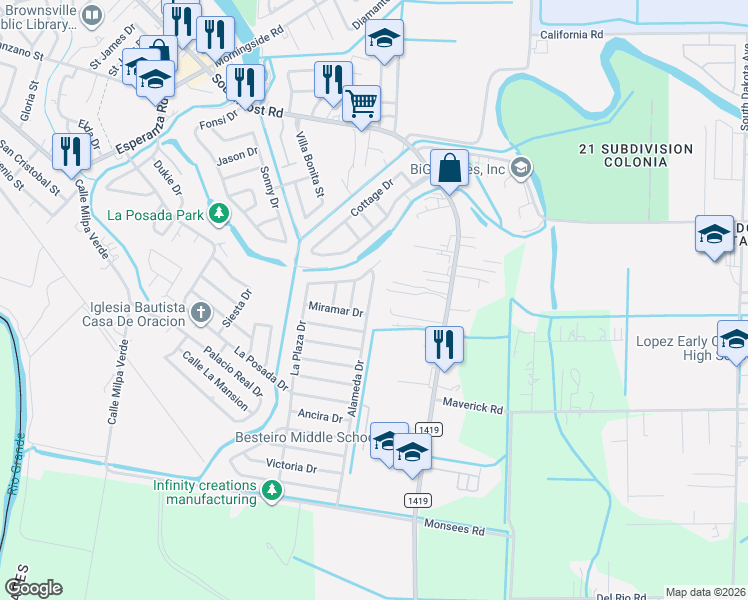 map of restaurants, bars, coffee shops, grocery stores, and more near 2712 Alameda Drive in Brownsville