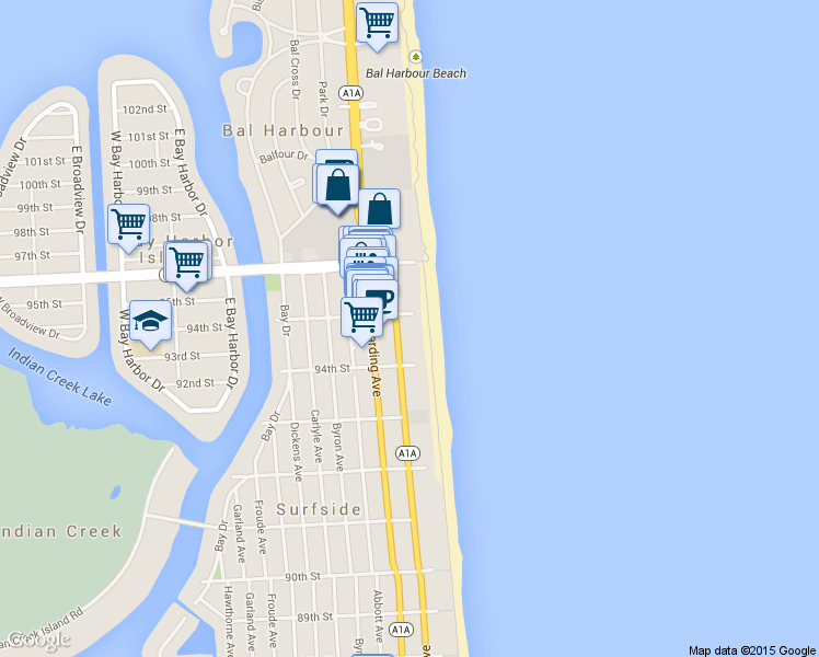 map of restaurants, bars, coffee shops, grocery stores, and more near 203 95th Street in Surfside