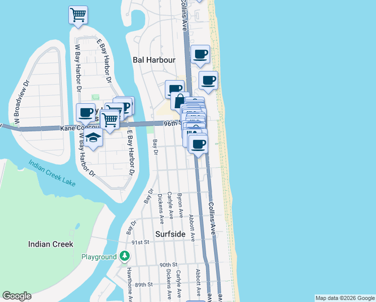 map of restaurants, bars, coffee shops, grocery stores, and more near 9501 Harding Avenue in Surfside