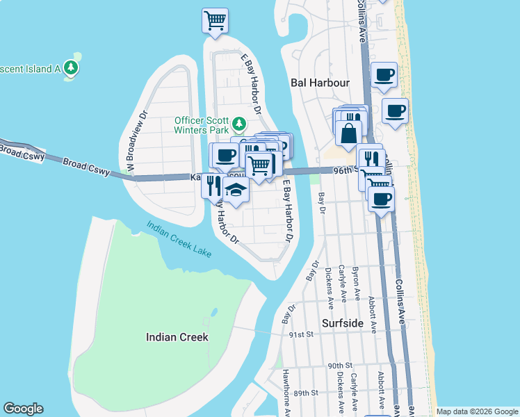map of restaurants, bars, coffee shops, grocery stores, and more near 1050 95th Street in Bay Harbor Islands