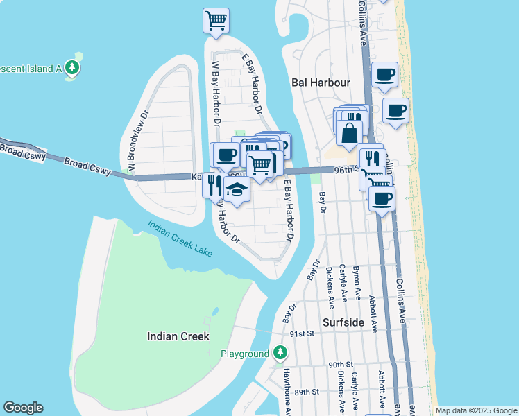 map of restaurants, bars, coffee shops, grocery stores, and more near 9455 Bay Harbor Terrace in Bay Harbor Islands