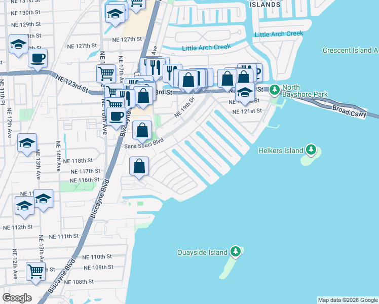 map of restaurants, bars, coffee shops, grocery stores, and more near 1912 Northeast 119th Road in North Miami