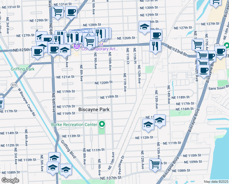 map of restaurants, bars, coffee shops, grocery stores, and more near 11915 Northeast 10th Avenue in Biscayne Park