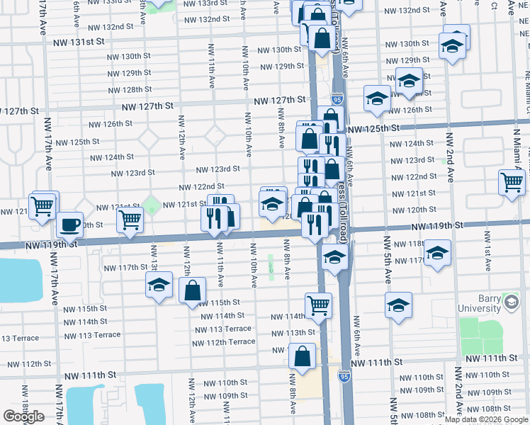 map of restaurants, bars, coffee shops, grocery stores, and more near 915 Northwest 121st Street in North Miami
