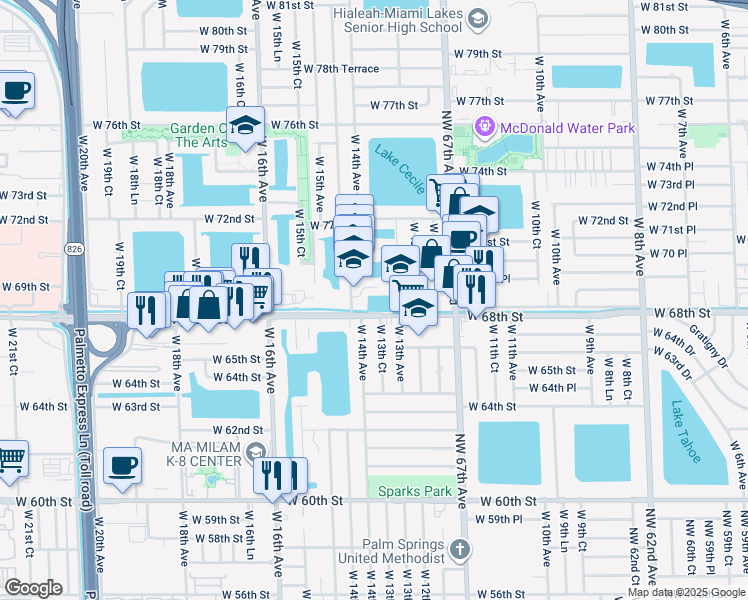 map of restaurants, bars, coffee shops, grocery stores, and more near 1383 West 69th Street in Hialeah