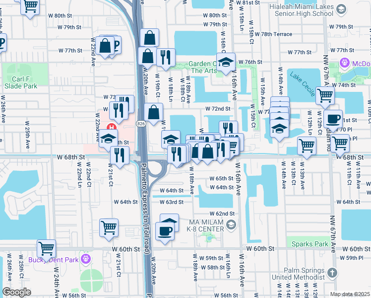 map of restaurants, bars, coffee shops, grocery stores, and more near 1869 West 68th Street in Hialeah