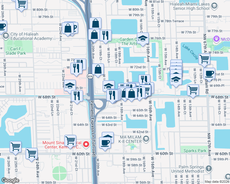 map of restaurants, bars, coffee shops, grocery stores, and more near 1869 West 68th Street in Hialeah