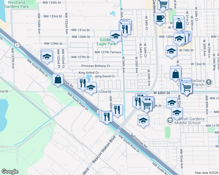 map of restaurants, bars, coffee shops, grocery stores, and more near 12375 Northwest 98th Court in Hialeah Gardens