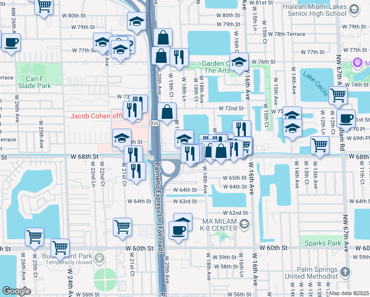 map of restaurants, bars, coffee shops, grocery stores, and more near 6925 West 19th Court in Hialeah