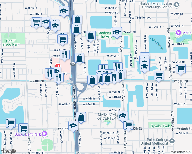map of restaurants, bars, coffee shops, grocery stores, and more near 1869 West 68th Street in Hialeah
