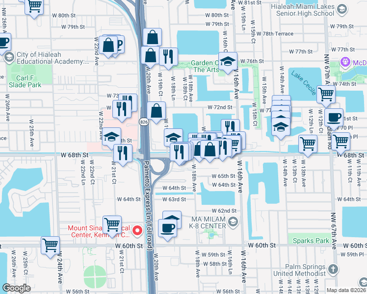 map of restaurants, bars, coffee shops, grocery stores, and more near 1869 West 68th Street in Hialeah