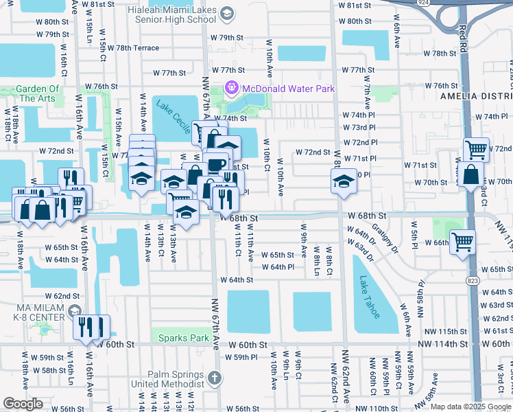 map of restaurants, bars, coffee shops, grocery stores, and more near 1116 West 69th Place in Hialeah